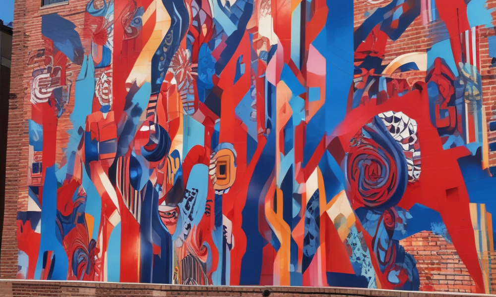 Person stopping to view colorful street art mural demonstrating street