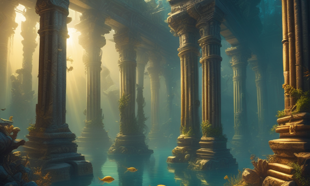 Ancient underwater city ruins with geometric structures on ocean floor