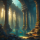 Ancient underwater city ruins with geometric structures on ocean floor