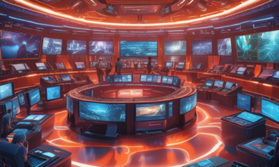 AI breaking news technology center with shape-shifting displays processing real-time