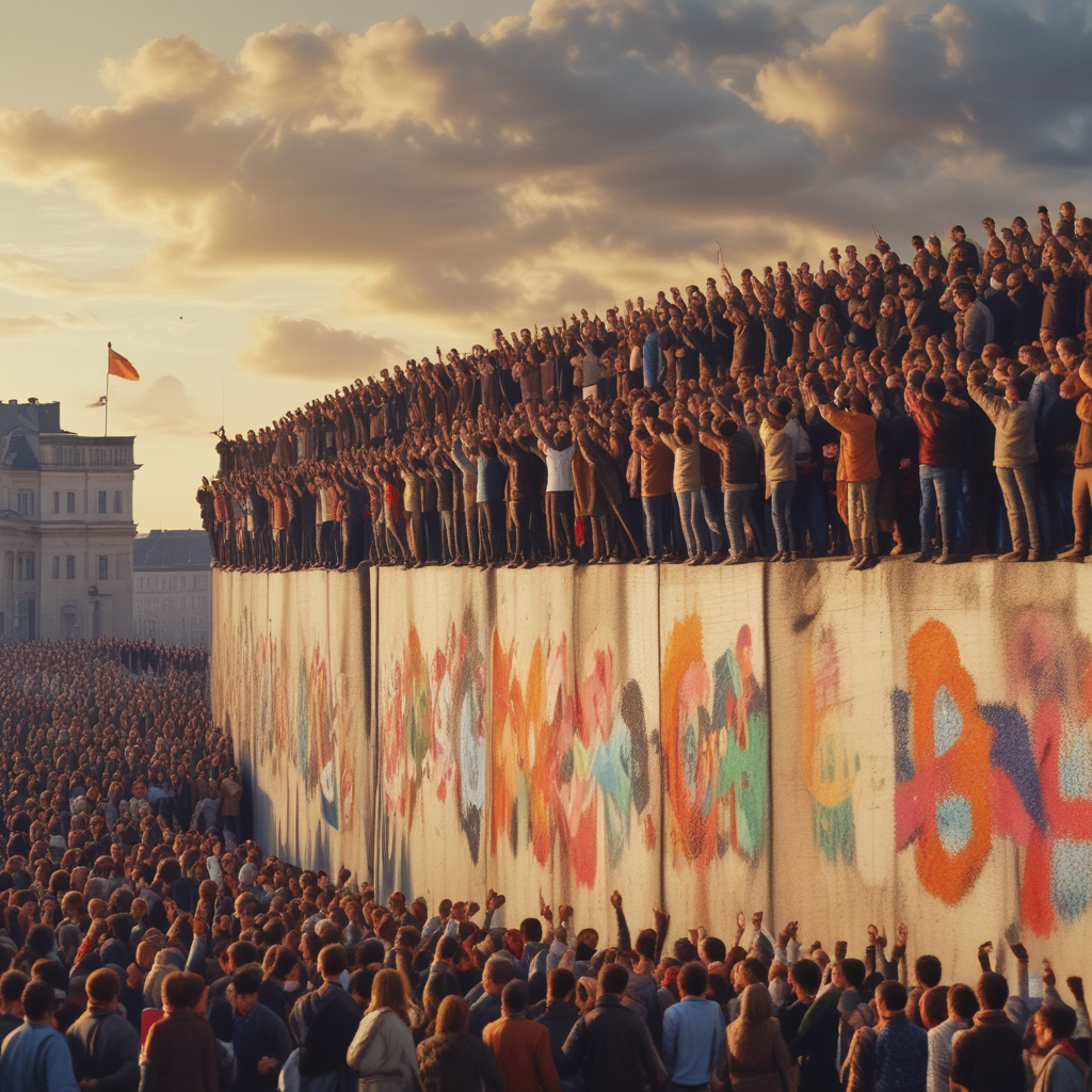 Berlin Wall peaceful revolution November 9 1989 with celebrating crowds