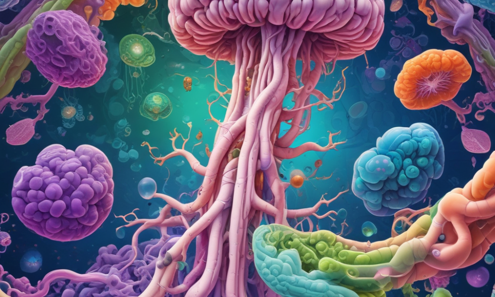 Human microbiome visualization showing diverse gut bacteria and microorganisms in