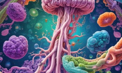 Human microbiome visualization showing diverse gut bacteria and microorganisms in