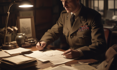 British WWII intelligence officer reviewing wartime deception operation documents at