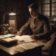 British WWII intelligence officer reviewing wartime deception operation documents at
