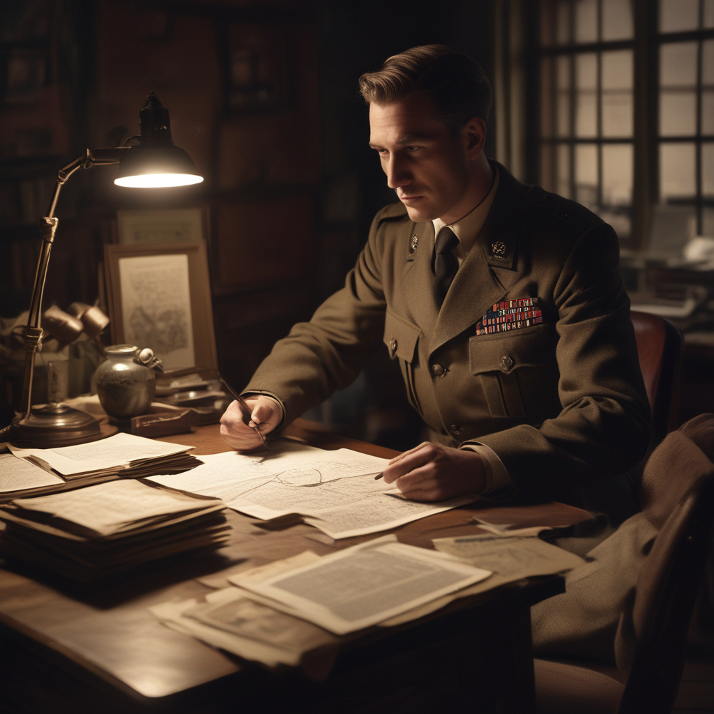 British WWII intelligence officer reviewing wartime deception operation documents at