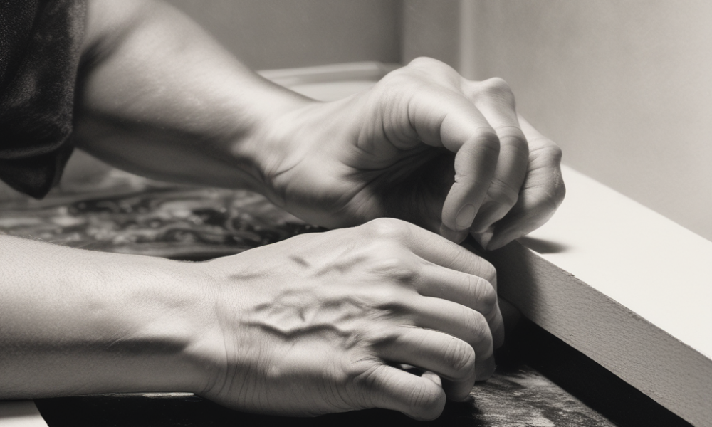 Traditional lithography printmaking technique showing oil-water separation on limestone printing