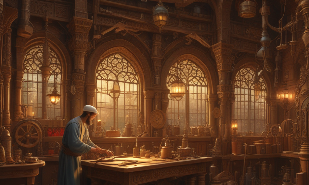 Al-Jazari medieval Islamic inventor working on mechanical devices and automated