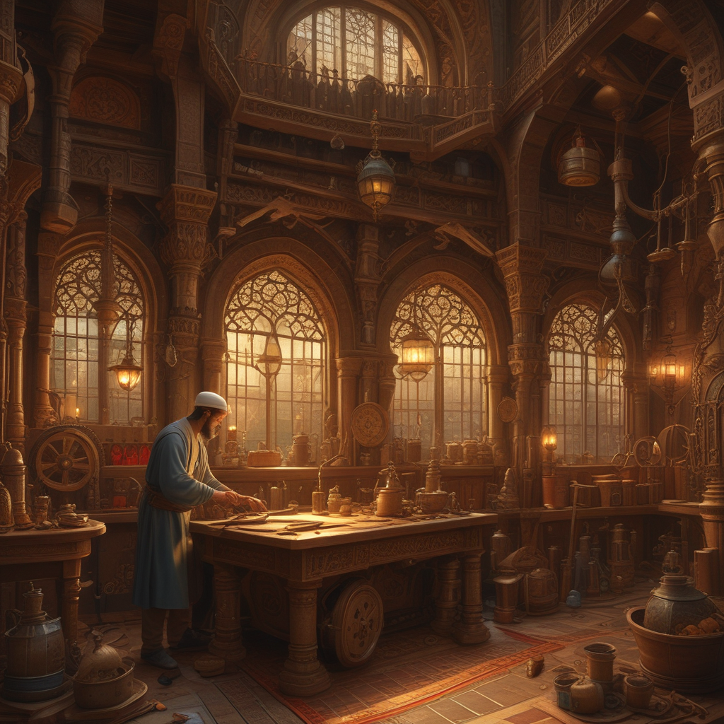 Al-Jazari medieval Islamic inventor working on mechanical devices and automated