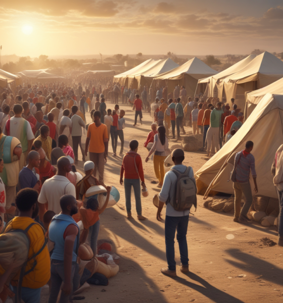 Humanitarian aid workers distributing emergency supplies to displaced families affected