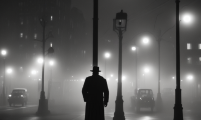 Cold War espionage spy in trench coat under street lamp