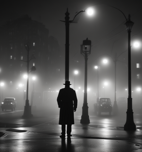 Cold War espionage spy in trench coat under street lamp