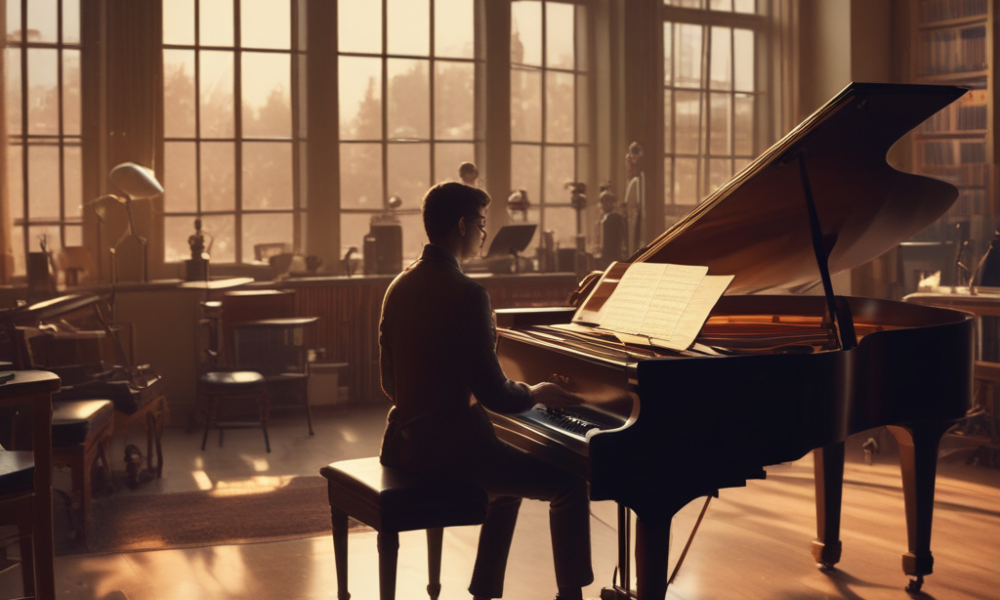 Film composer creating movie soundtrack in recording studio showing film