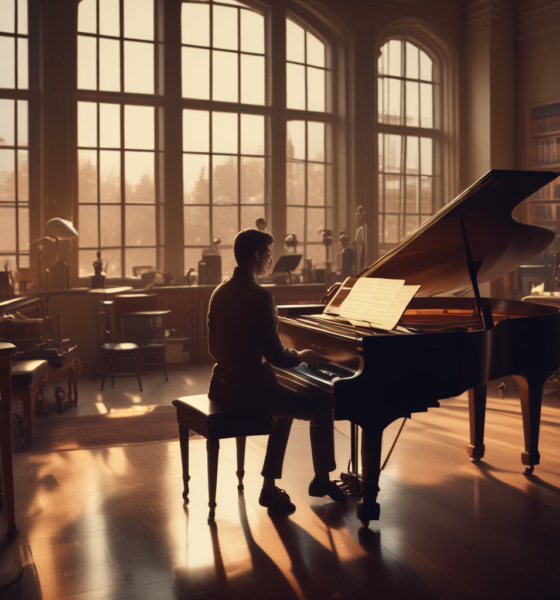 Film composer creating movie soundtrack in recording studio showing film