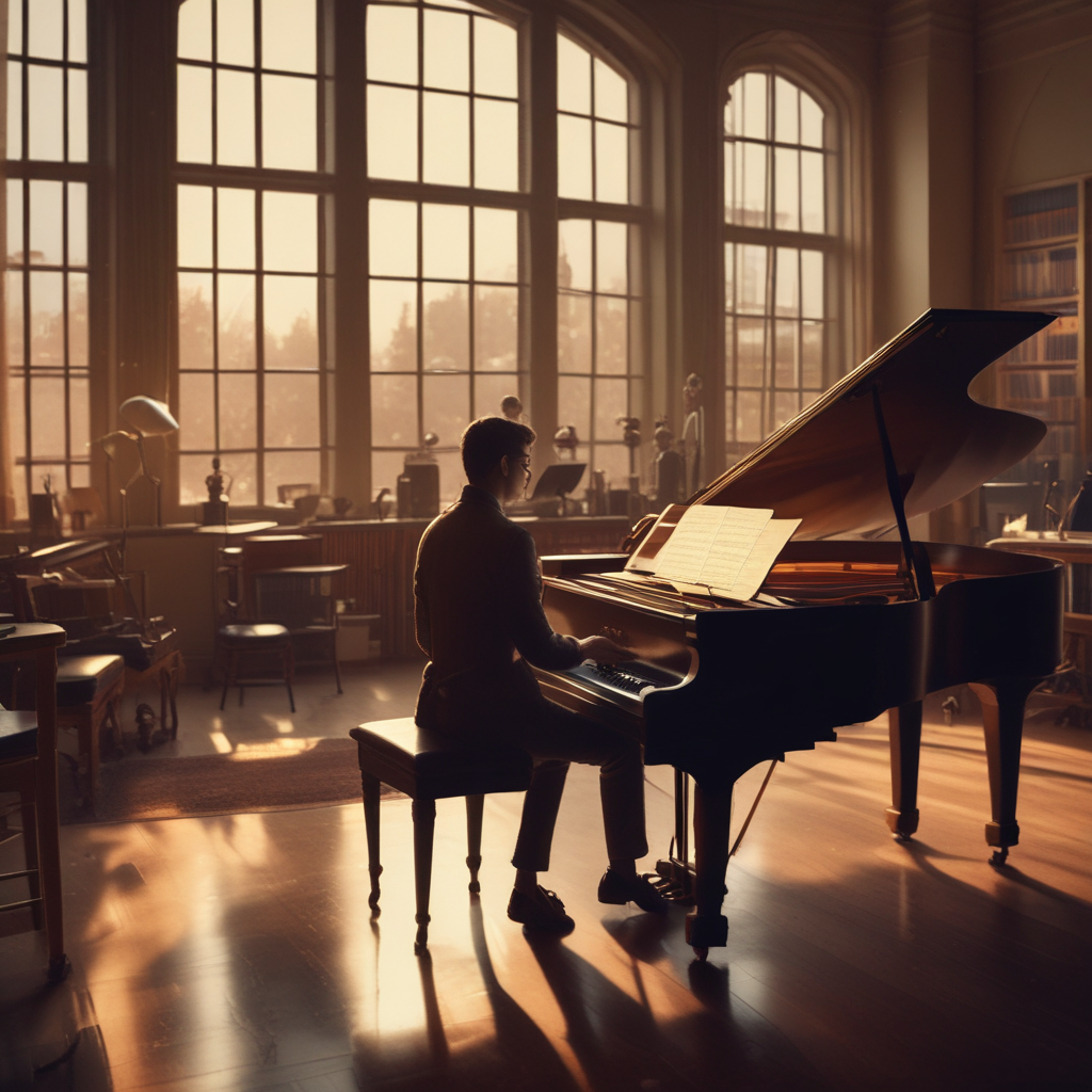 Film composer creating movie soundtrack in recording studio showing film