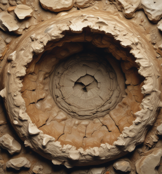 Cross-section of coprolites fossilized animal poop showing internal bone fragments