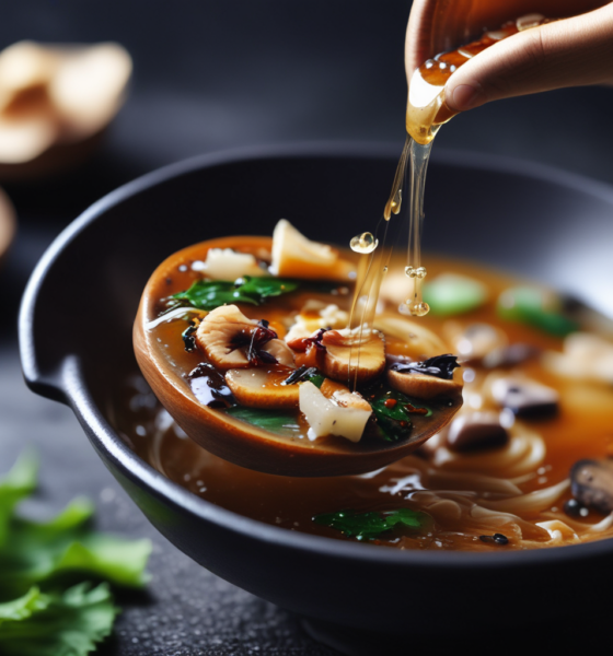 Rich dashi broth with shiitake mushrooms and kombu seaweed demonstrating