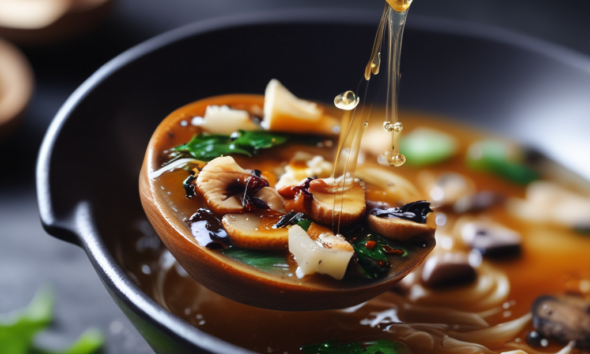 Rich dashi broth with shiitake mushrooms and kombu seaweed demonstrating