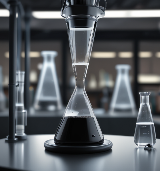 Pitch drop experiment funnel showing viscous black tar with droplet