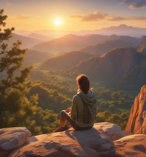 Relaxed traveler enjoying decision fatigue travel experience on scenic mountain