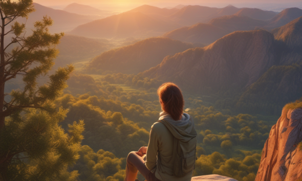 Relaxed traveler enjoying decision fatigue travel experience on scenic mountain