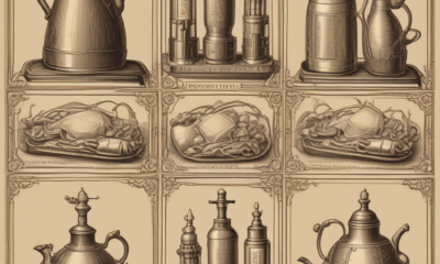 Vintage illustration of famous accidental inventions including rubber gloves and