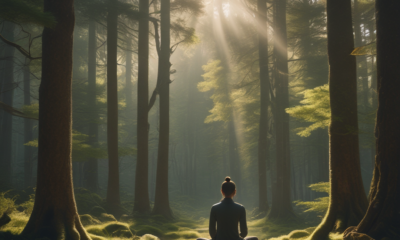 Person practicing forest bathing meditation in peaceful Japanese cedar forest