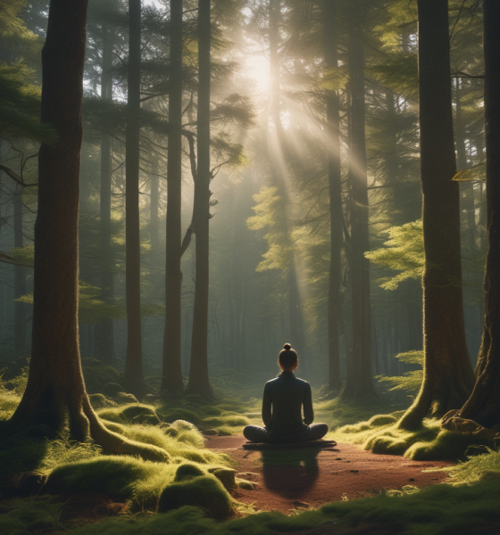 Person practicing forest bathing meditation in peaceful Japanese cedar forest