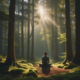 Person practicing forest bathing meditation in peaceful Japanese cedar forest