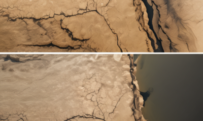 Aerial view showing dramatic water bankruptcy effects - dried lakebed